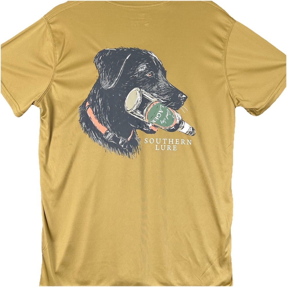 Southern Lure Fast Dry Short Sleeve Shirt Size L Golden wheat Color Dog BlackLab
